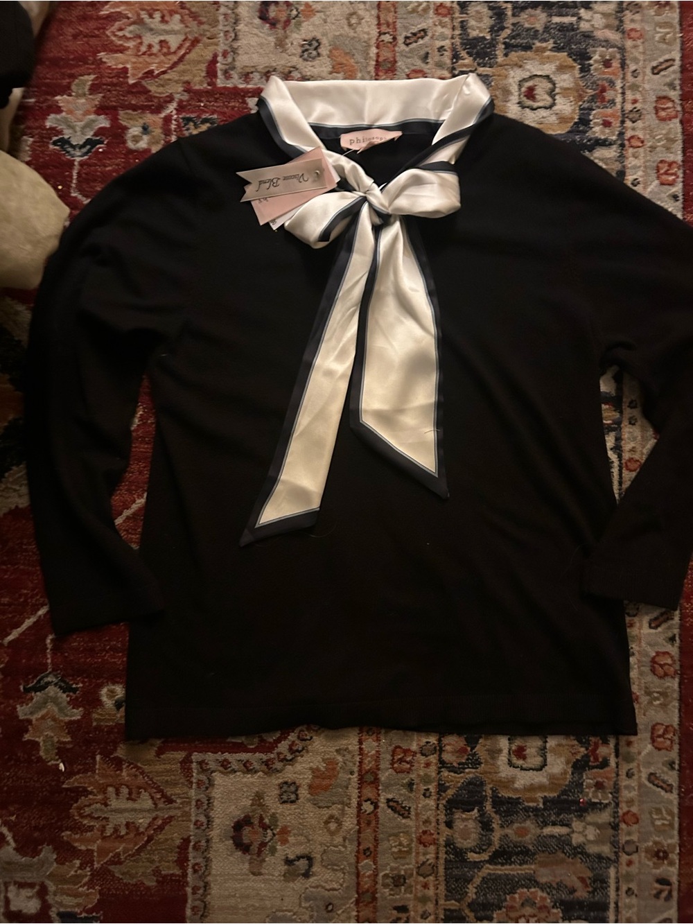 Philosophy Black Knit Sweater with White Satin Bow Collar